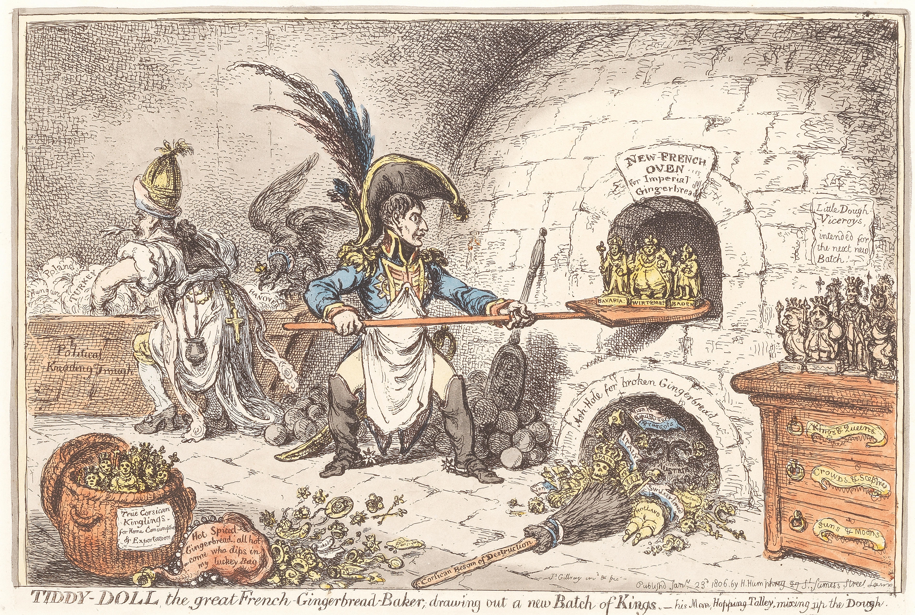 Artwork by James Gillray, Tiddy-Doll the great French Gingerbread-Baker, Made of Etching with hand colouring