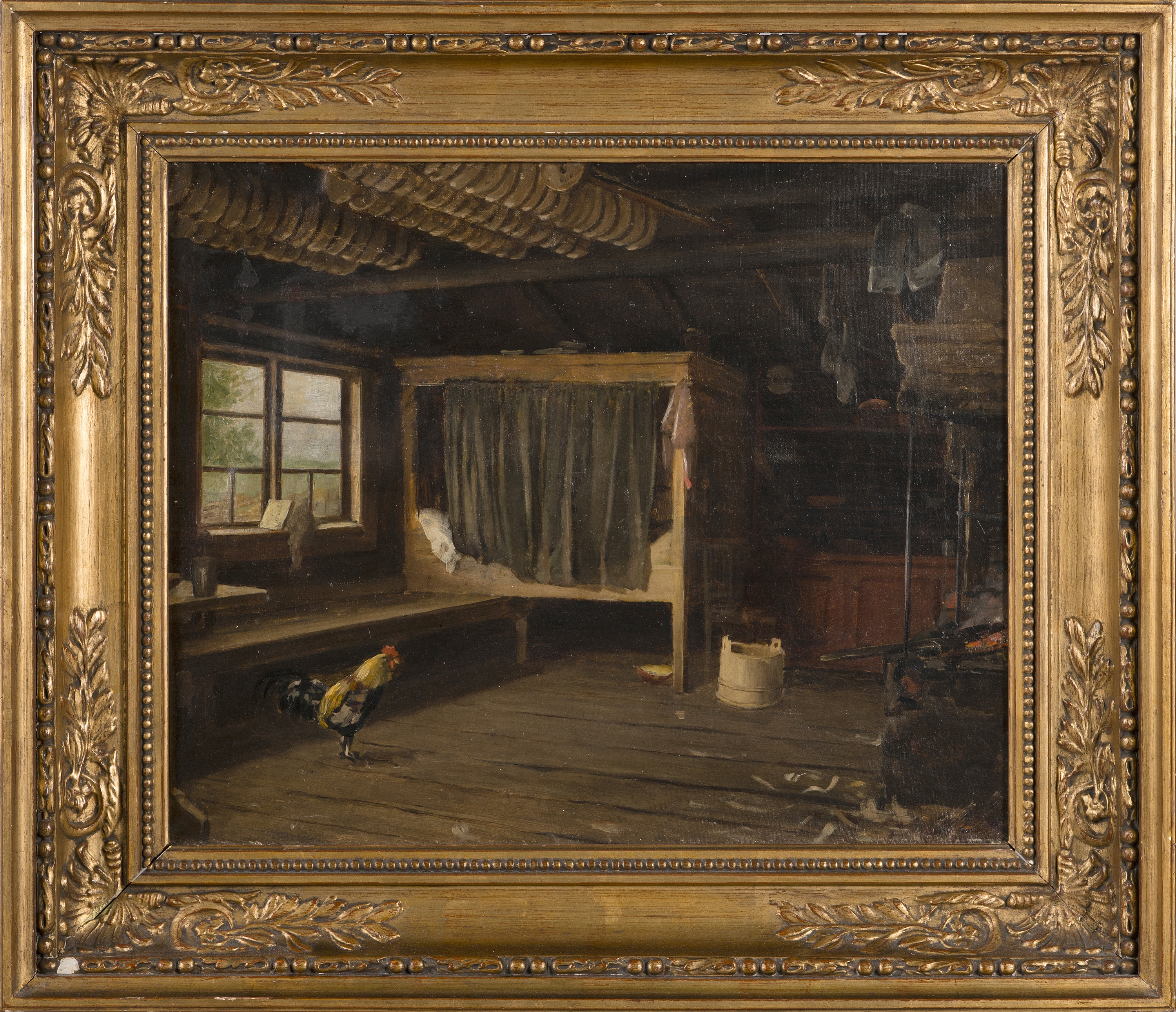 Artwork by Arvid Liljelund, THE ROOSTER IN THE COTTAGE, Made of Oil on canvas