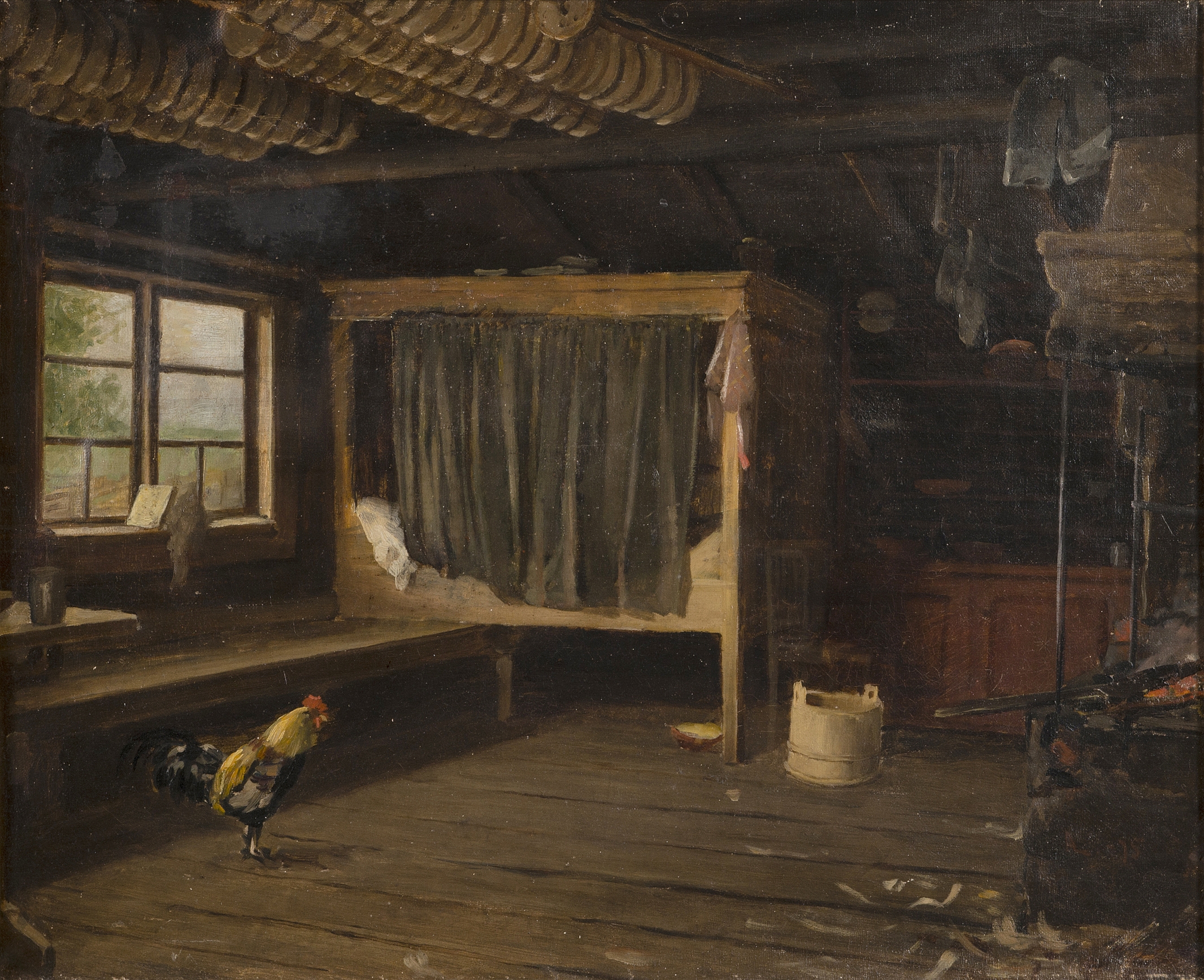 Artwork by Arvid Liljelund, THE ROOSTER IN THE COTTAGE, Made of Oil on canvas