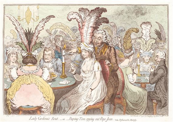 Lady Godina's Rout; _or_ Peeping-Tom spying out Pope-Joan by James Gillray, 1796