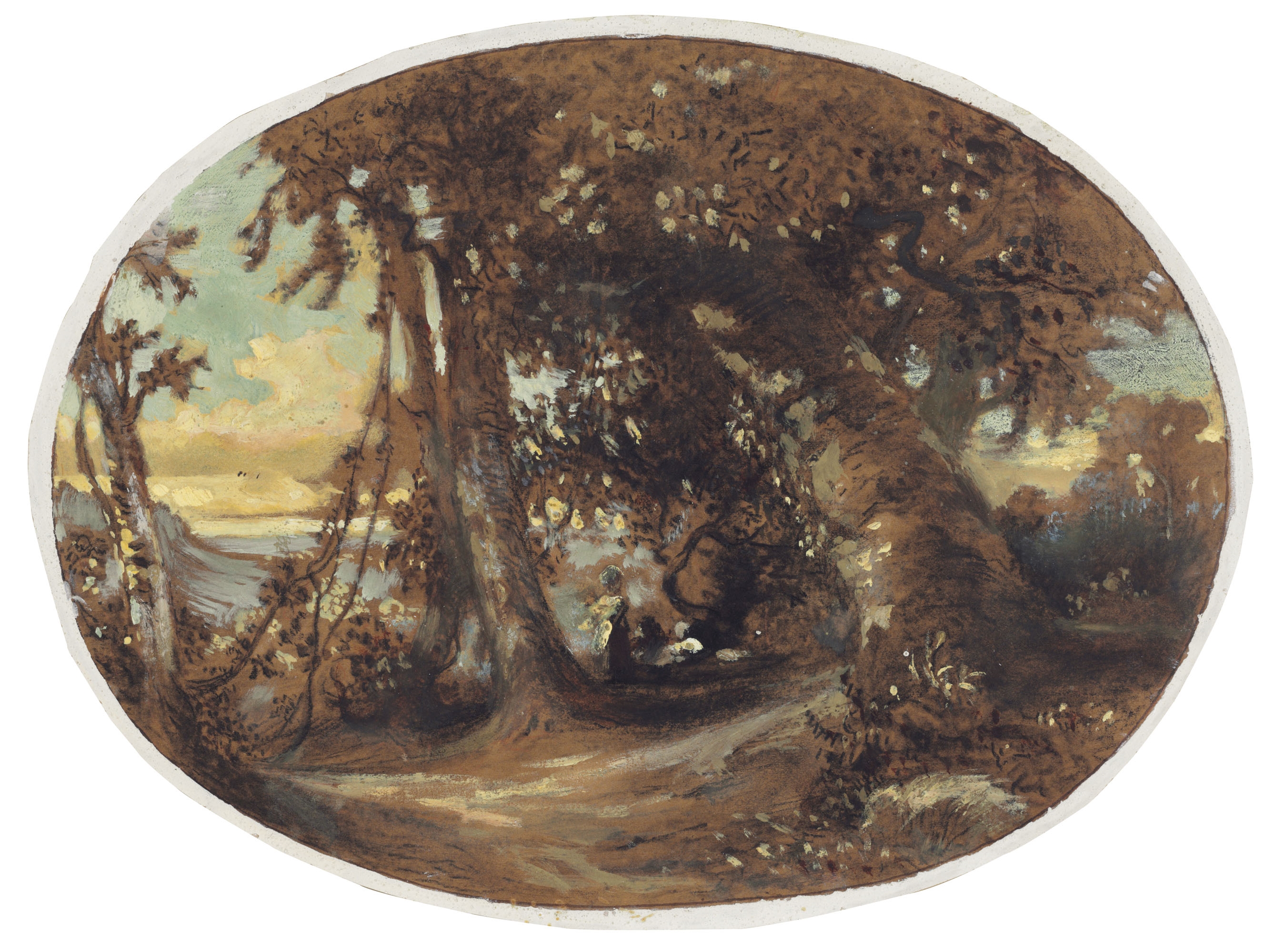 Artwork by Charles Damour, PÊCHEURS AU BORD D'UNE RIVIÈRE, LE SOLEIL PERÇANT LES NUAGES, Made of Charcoal, gray wash, brown wash (front and back), enhanced with white