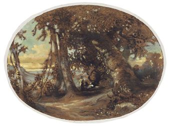 PÊCHEURS AU BORD D'UNE RIVIÈRE, LE SOLEIL PERÇANT LES NUAGES - Charles Damour