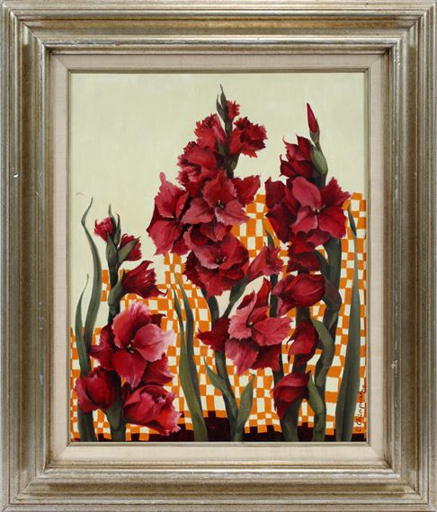 Depicts red flowers with green leaves and an orange checkerboard pattern in the background