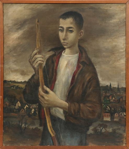 A somber portrait of a young figure holding a bow against a rural landscape.
