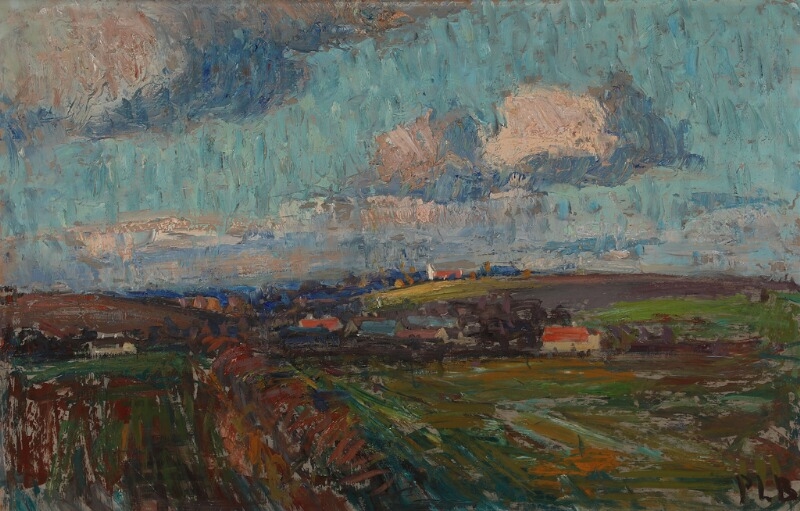 Artwork by Preben Larsen Birkebjerg, “Udsigt med Stubberup Kirke” (View against the church in Stubberup", Made of Oil on plate