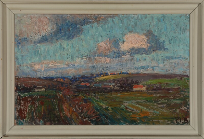 Artwork by Preben Larsen Birkebjerg, “Udsigt med Stubberup Kirke” (View against the church in Stubberup", Made of Oil on plate
