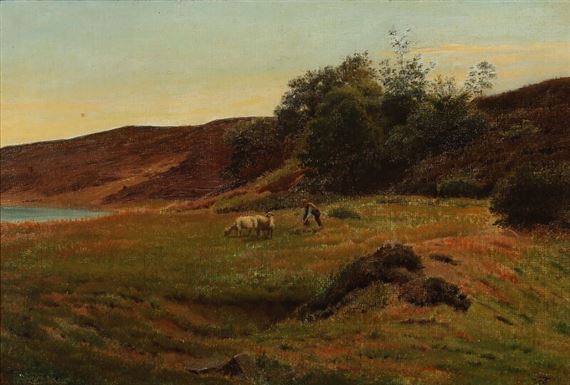 A shepherd with sheep near Mariager Fjord by Harald Frederik Foss, 1888