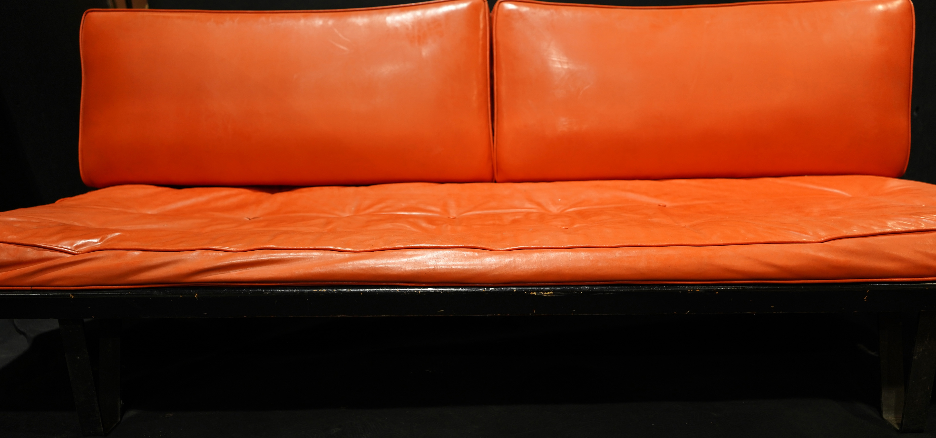 Artwork by Mel Bogart, A Mid Century  for Felmore convertable sofa to daybed, Made of orange cover with black frame