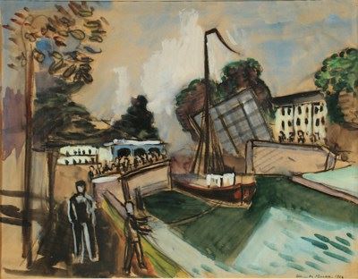 Macke Helmuth | Gracht mit Zugbrücke und Treidler (1928) | MutualArt