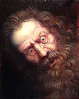 A hyper-realistic portrait of a bearded man with an unsettling, wide-eyed stare.