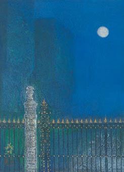A nocturnal cityscape featuring a moonlit sky, a stone column, and an ornate fence.