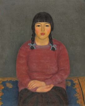 A portrait of a seated figure with braided hair and a red sweater against a muted grey background.