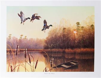 A serene watercolor scene of three ducks flying over a calm lake at sunrise.