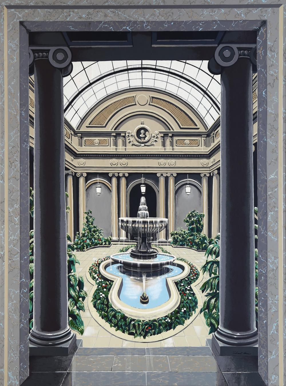 Artwork by Richard Haas, Frick Garden Courtyard, Made of Screenprint on Wood Panel