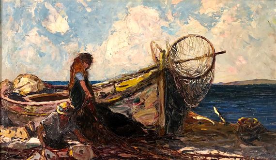 Couple de pêcheurs ravaudant ses filets by Louis Bonamici