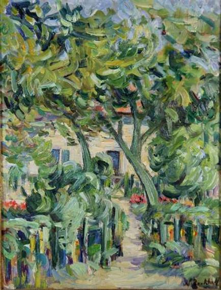 Etude de Feuillage, Sommerlicher Garten vor Einem Sonnenbeschienene Gebäude by Nikolai Alexandrovich Tarkhoff