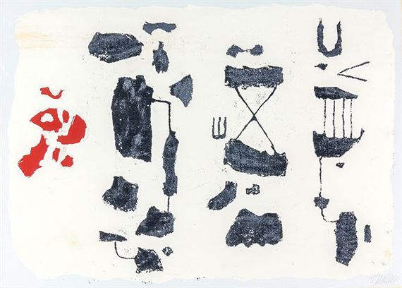 Schwarze Zeichen, schwarze Figuren mit roter Form, die Harfe von Ur by Willi Baumeister, 1951