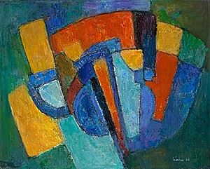 Komposition blau / rot / grün