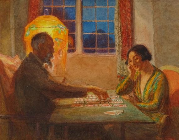 The artist playing cards with her husband William Shackleton at Hilltop Cottage Malham - May Furniss