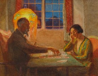 The artist playing cards with her husband William Shackleton at Hilltop Cottage Malham - May Furniss