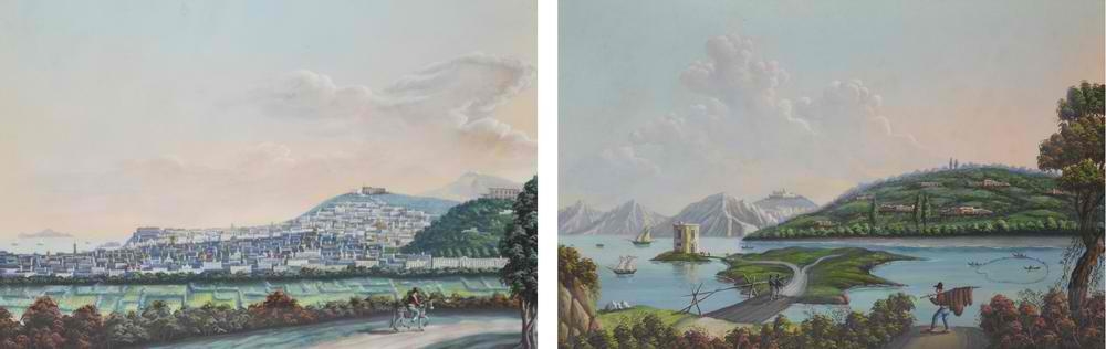 Artwork by Charles Glass, Two works: Napoli Veduta Dalla Strada Nuova Del Campo I Campi Elisi Dietro Baia, Made of pair of watercolors and gouache on paper