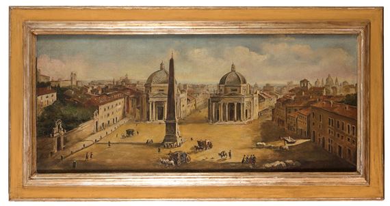 PIAZZA DEL POPOLO CON COCCHI E VITA QUOTIDIANA by Roman School, 20th Century
