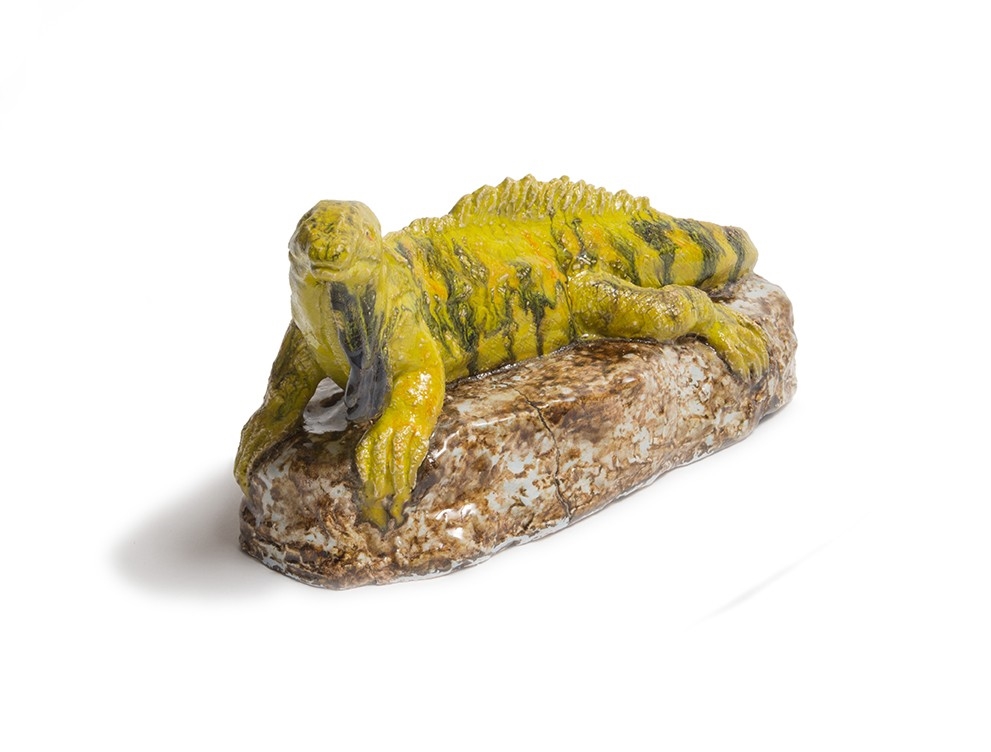 Artwork by Chris Mason, Basilisk Lizard on a rock, Made of glazed earthenware