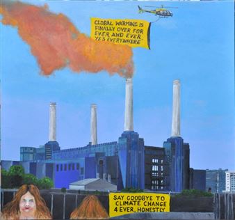 Power station with two voluptuous ladies and a helicopter with a big sign - Chris Mason