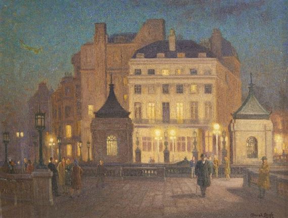 Buildings on the street at night by Conrad Heighton Leigh