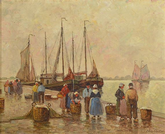 women waiting at the quay for the homecoming of the fishermen by Hans Harländer