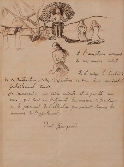 Autograph letter addressed to the "unknown amateur" enriched with an original drawing by Paul Gauguin, circa 1896