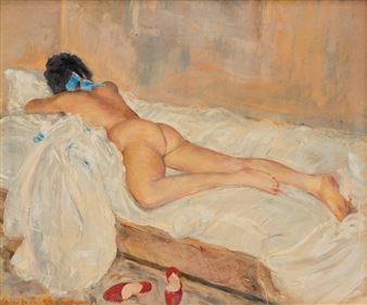 A nude figure lies on a bed in a softly lit, impressionistic painting.