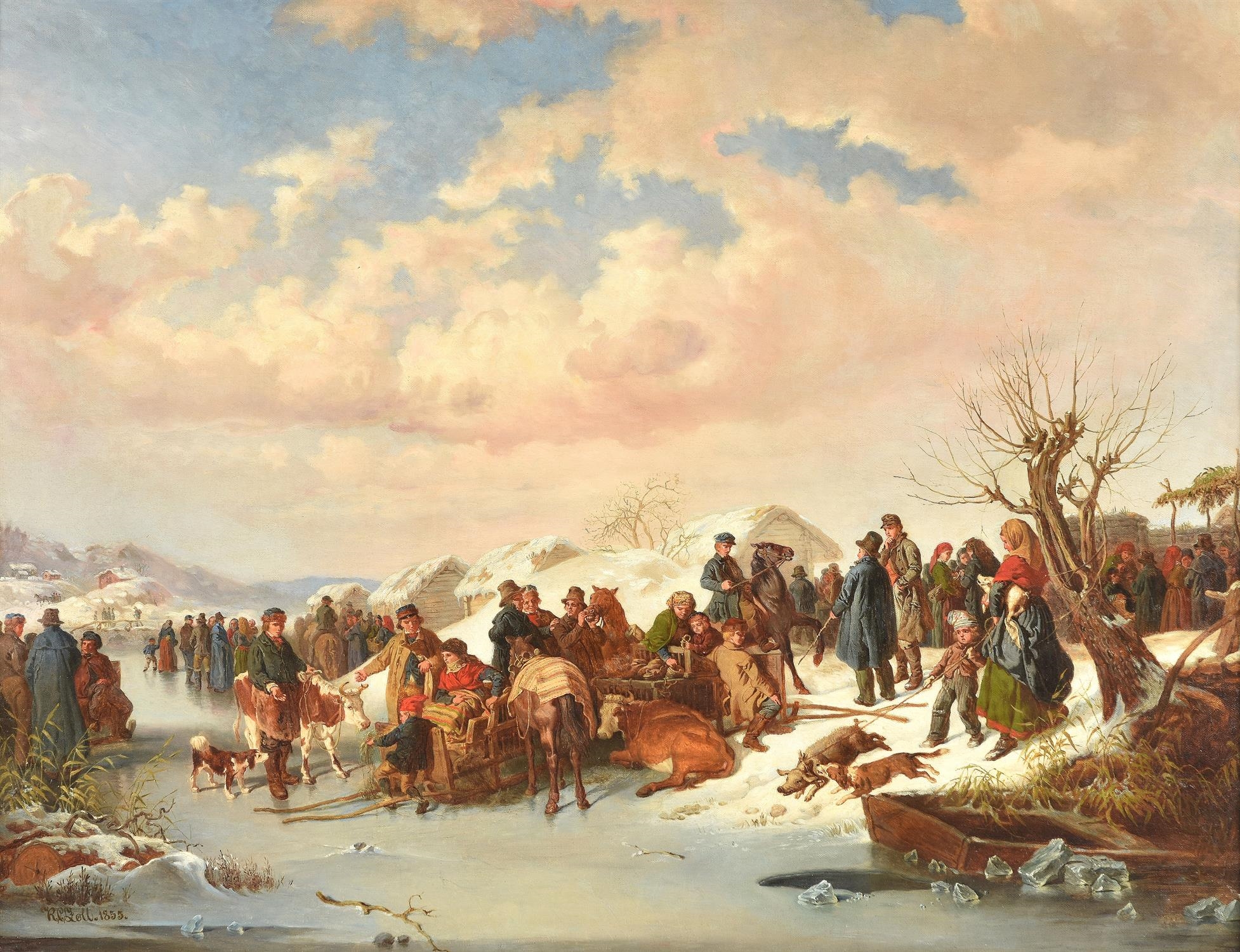 Artwork by Kilian Zoll, A Village Gathering in Winter, Made of Oil on canvas