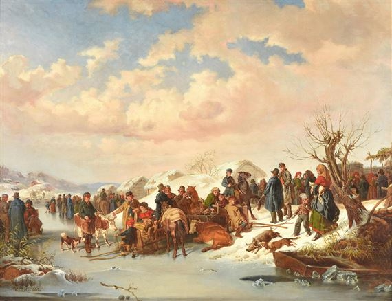 A Village Gathering in Winter by Kilian Zoll, dated 1855