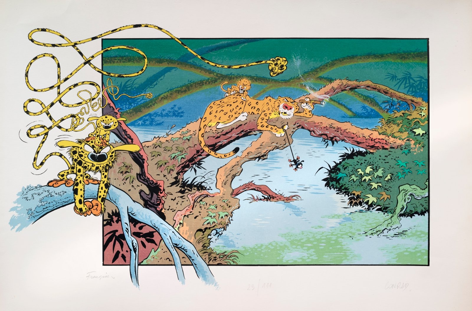 Artwork by André Franquin, Didier Conrad, Marsupilami en colère car un guépard tient le bébé marsu par la queue, Made of Serigraph