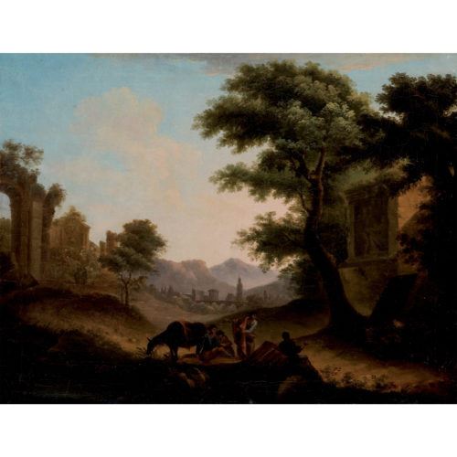 Paesaggio con figure in sosta by Roman School, 19th Century