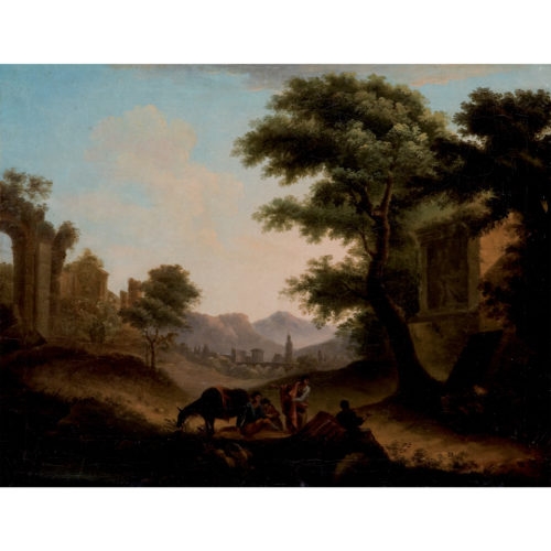 Artwork by Roman School, 19th Century, Paesaggio con figure in sosta, Made of oil on canvas