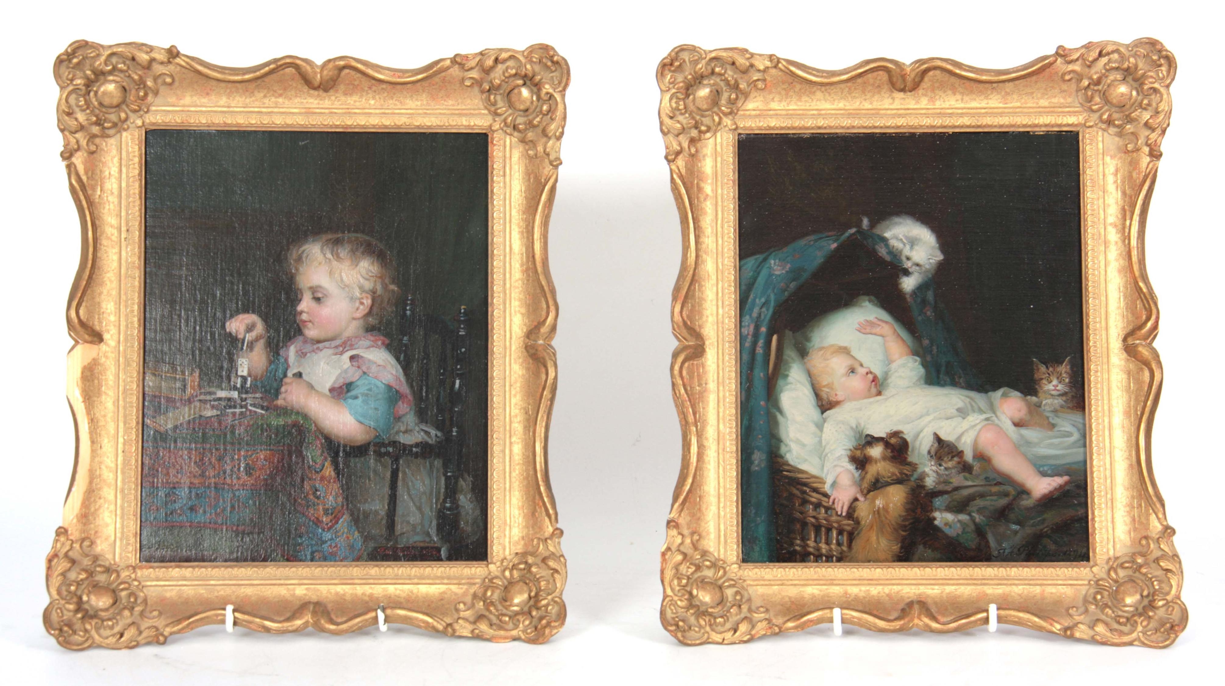 A Pair: Child with dominoes,  A baby with cats and dogs by Frank Albert Philips, 1894