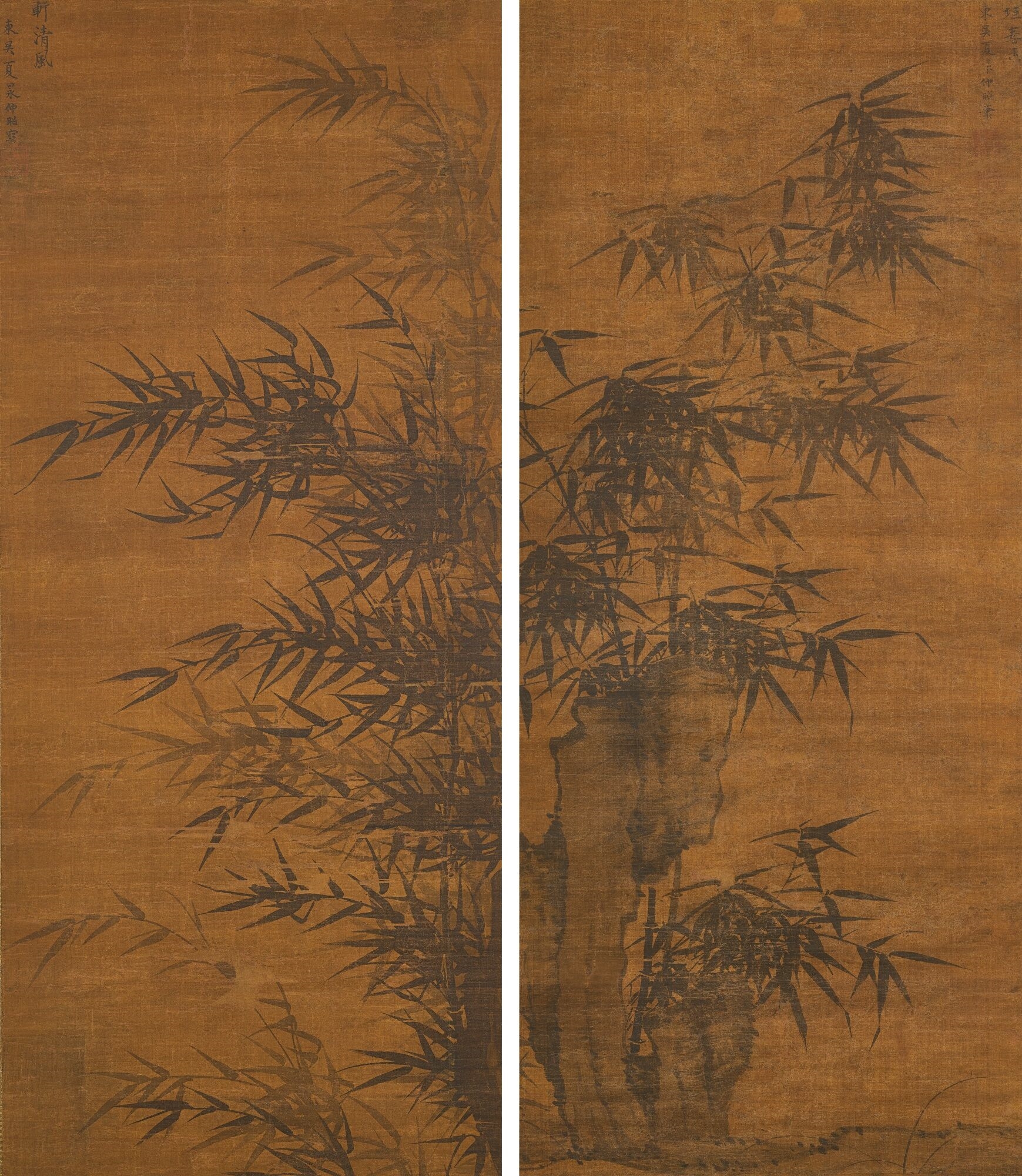 Artwork by Xia Chang, TWO WORKS: BAMBOOS, Made of ink on silk, hanging scrolls