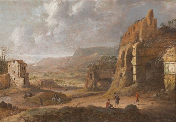 Italianiserend landschap met met figuren bij ruïnes by Tobias Verhaecht