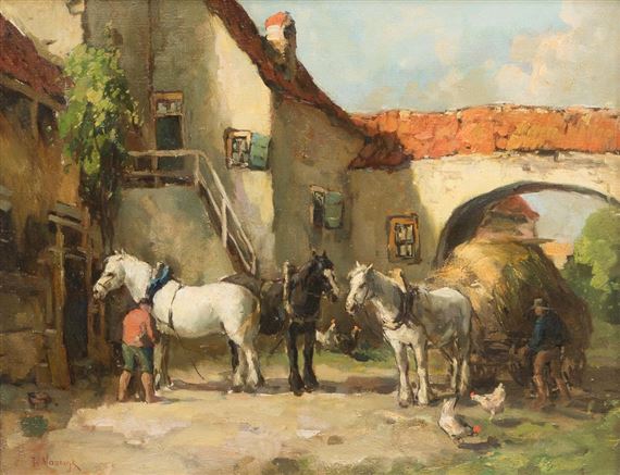 Paarden, figuren en hooiwagen op binnenplaats by Willem Frederik Noordijk