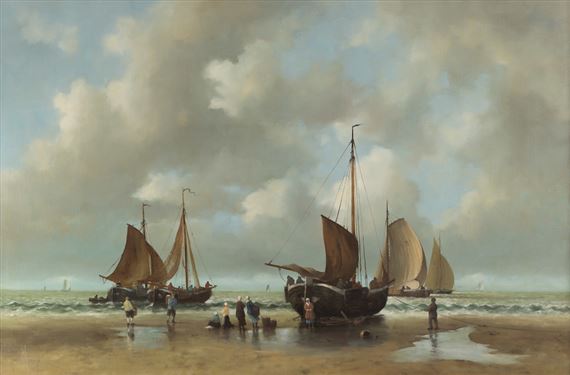 Vissersvolk bij bomschuiten by Johannes Cornelis van Rijsewijk