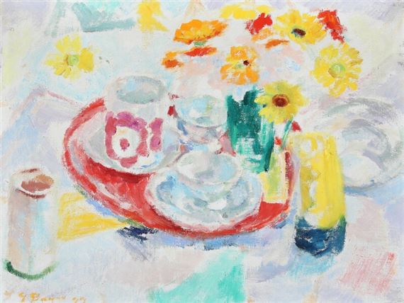 Still life with flowers and cups on a table by Grethe Bagge, 1977