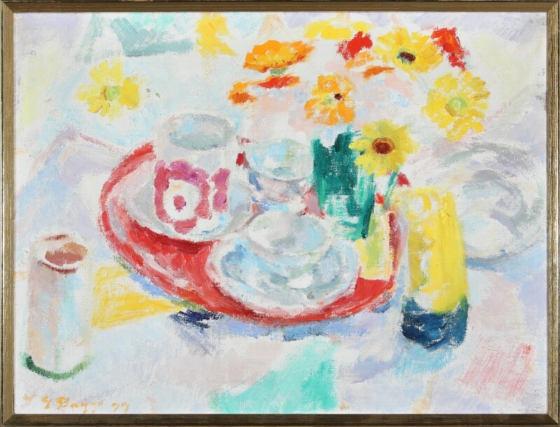 Artwork by Grethe Bagge, Still life with flowers and cups on a table, Made of Oil on canvas