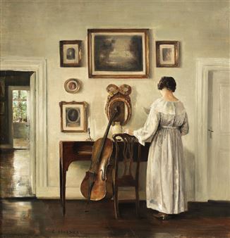 Interior with cello and woman reading - Carl Vilhelm Holsøe