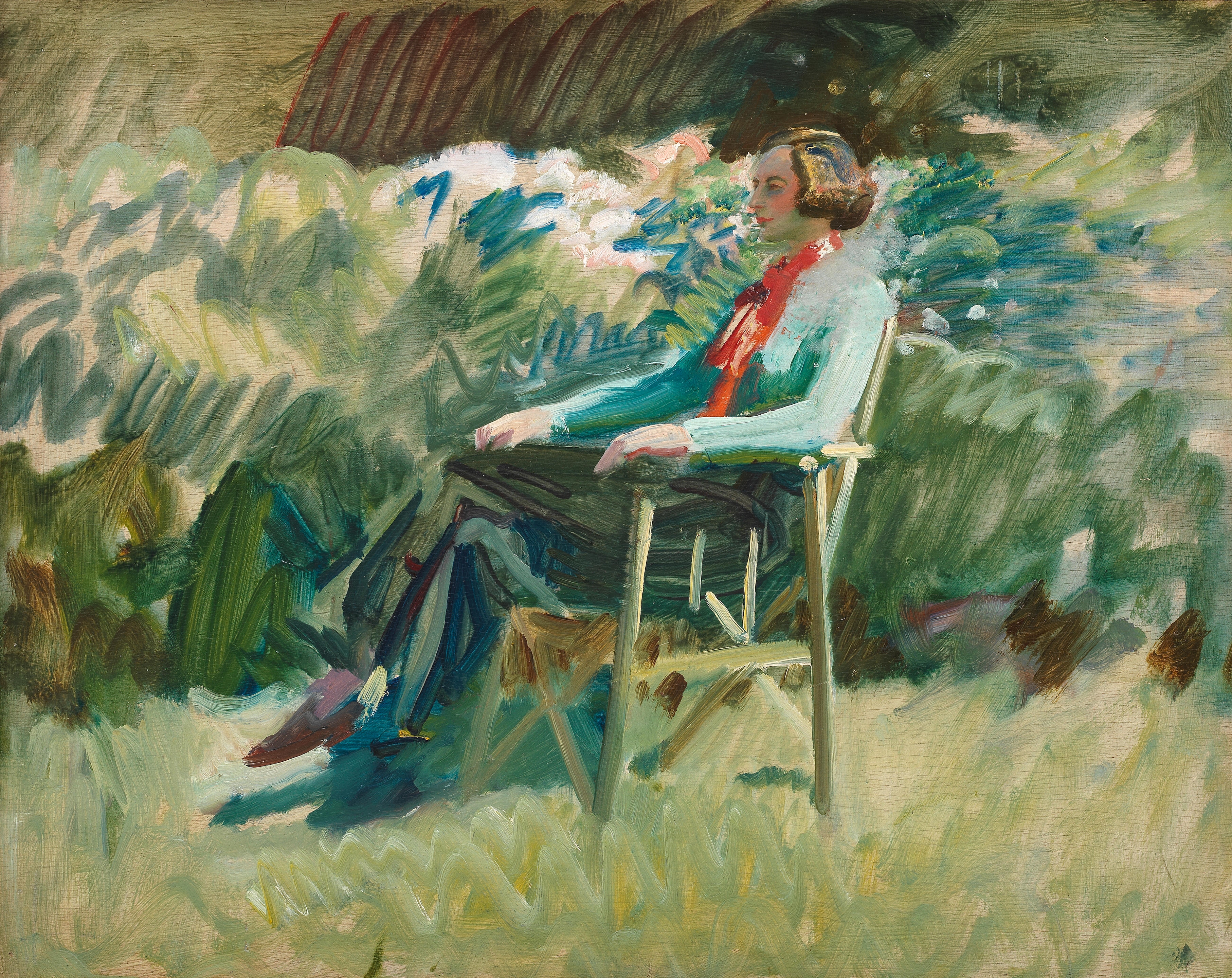 Artwork by Sir Alfred James Munnings, Buzzie Finch in Munnings's garden at 'Hamiltons', Made of oil on board