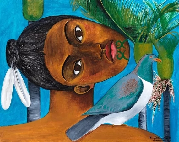 Robyn Kahukiwa | Māori Woman with Cabbage Tree and Wood Pigeon (2004
