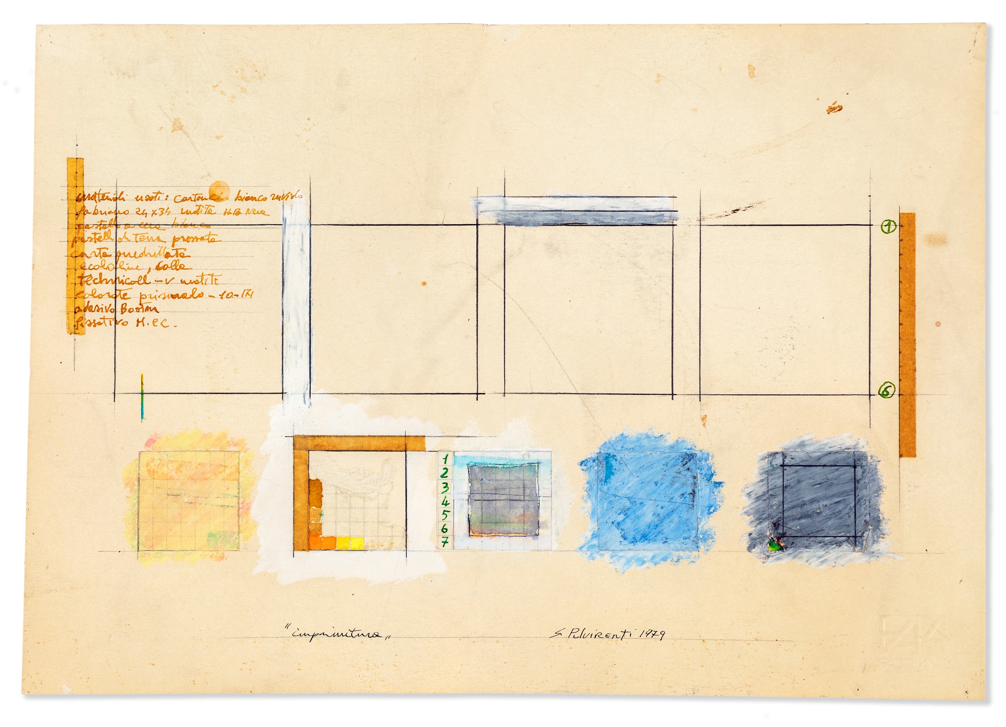 An architectural sketch featuring a grid of colored blocks and handwritten notes on aged paper.