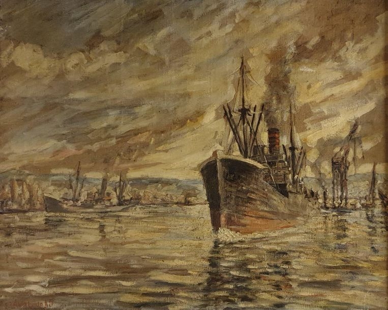 Artwork by Fernand Laval, Cargo sortant du port, Made of Oil on canvas