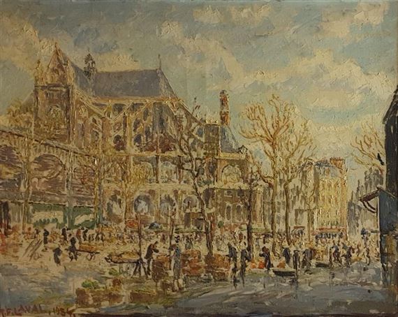 Marché devant une église by Fernand Laval, 1954